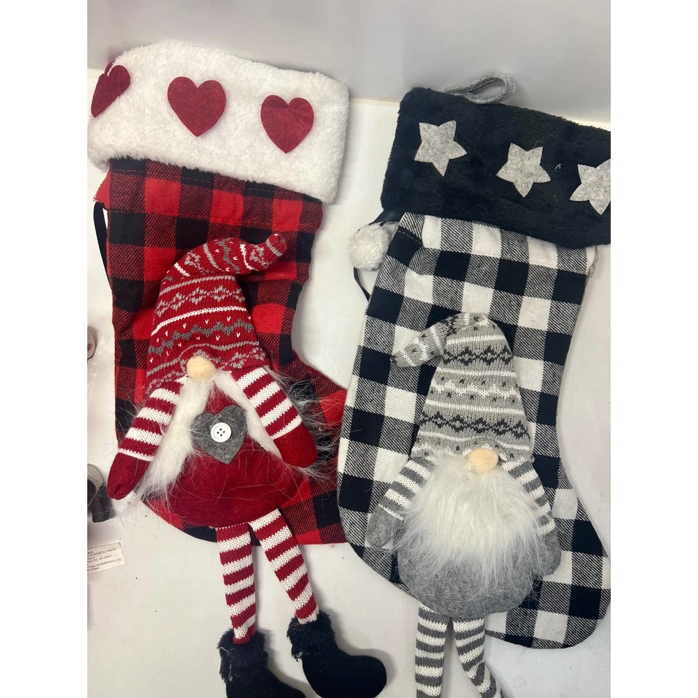 Whaline 2 Pack Large His & Her 3D Gnome Plush Christmas Stockings with Long Legs